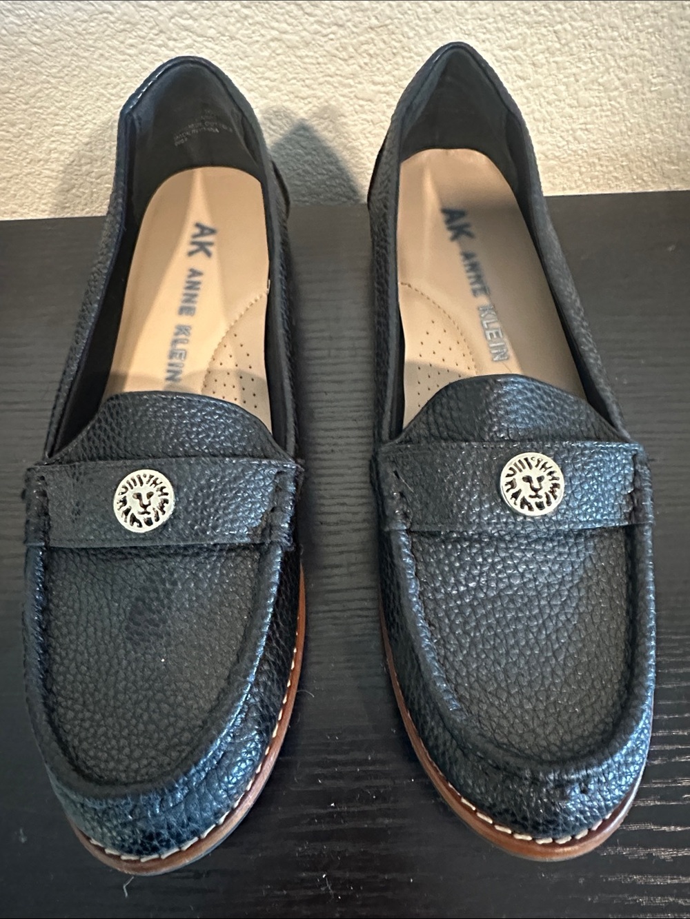 Anne Klein Black Pebbled Leather Penny Loafers with Metal Logo